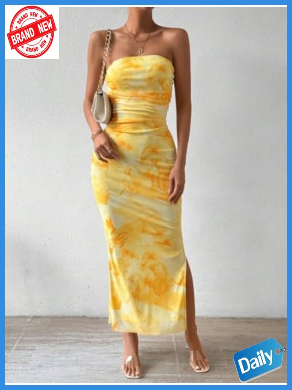 Strapless Tube Bodycon Maxi Dress with Side Slit and Mesh Layering - Picture 2 of 6